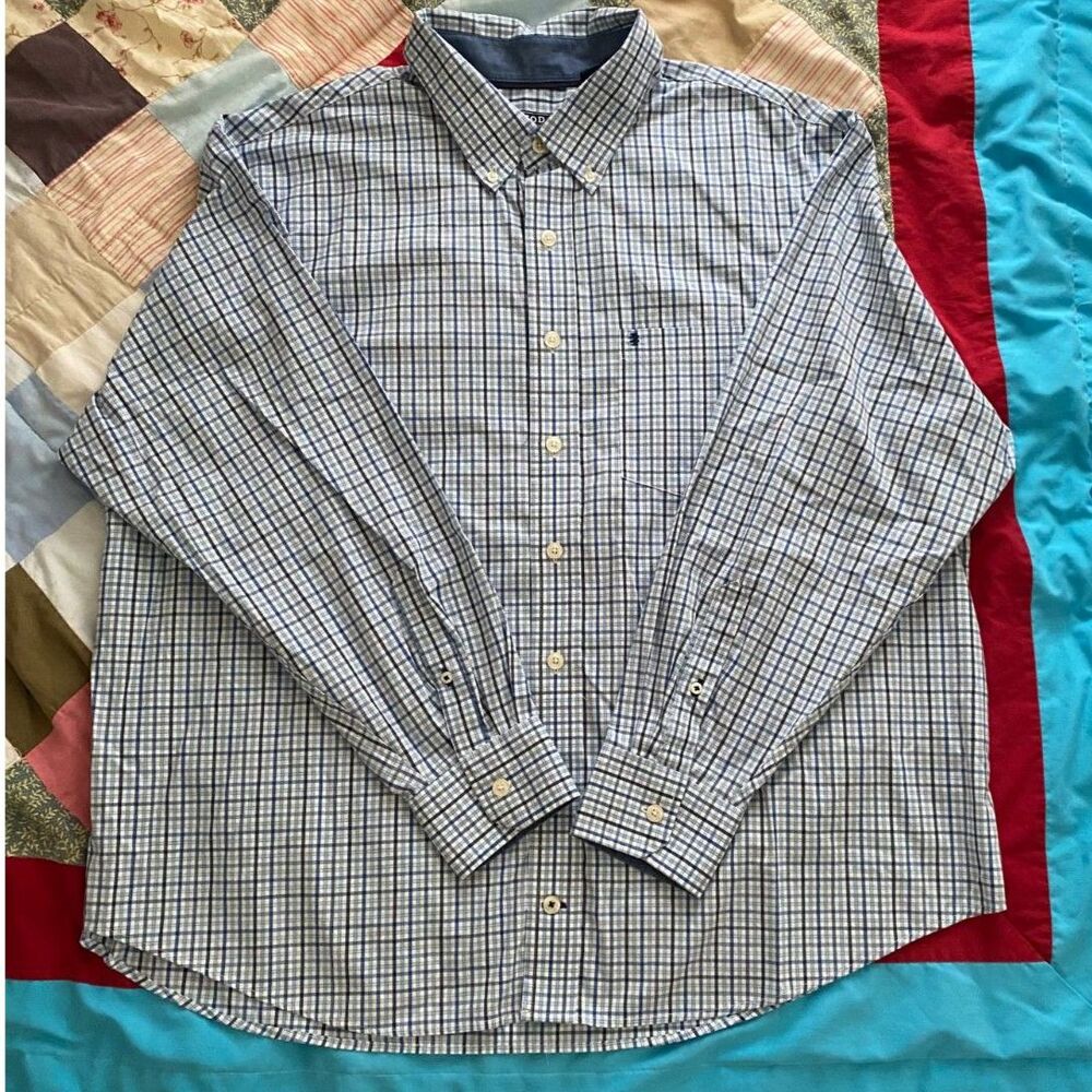 Izod Blue Black White Plaid Long Sleeve Button Up Shirt Size 2XL